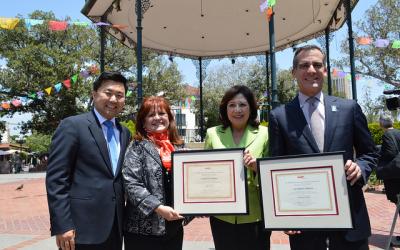 AARP State President Patricia Pérez (second from left:) welcomes Councilmember David Ryu (left), Los Angeles County Supervisor Hilda Solis (second from right) and Los Angeles Mayor Eric Garcetti (right) to AARP’s Age-Friendly Network.